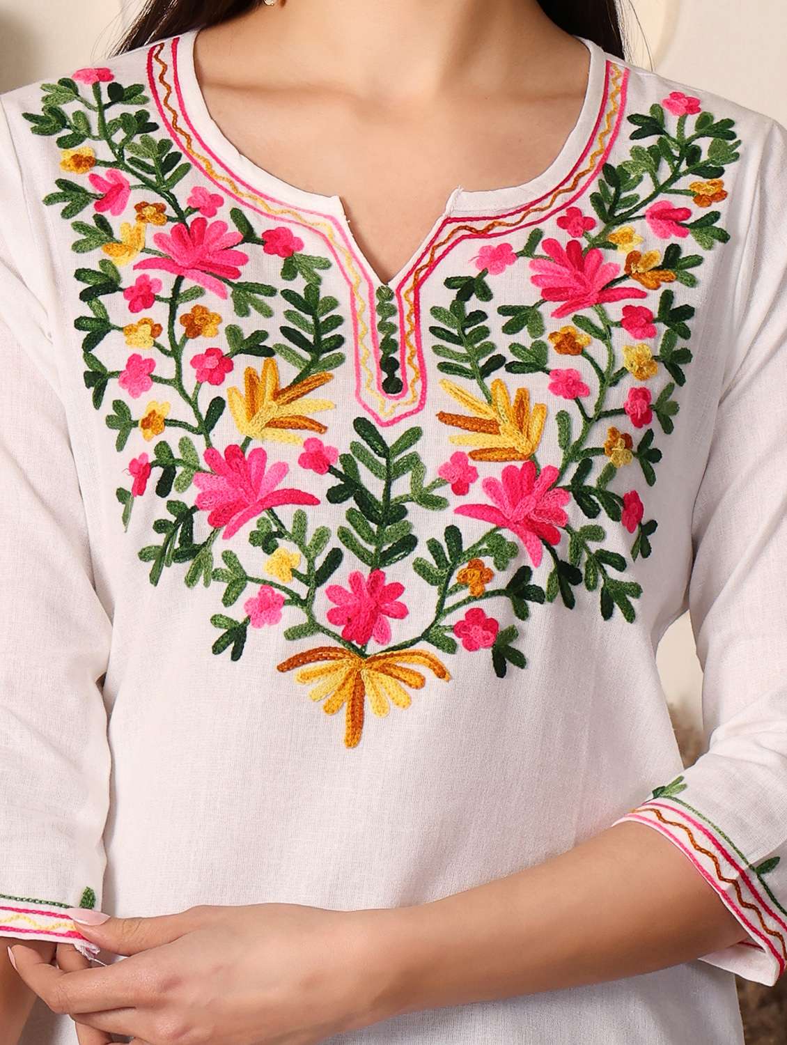 women solid with work three quarter sleeve straight kurti - 22385295 -  Standard Image - 1