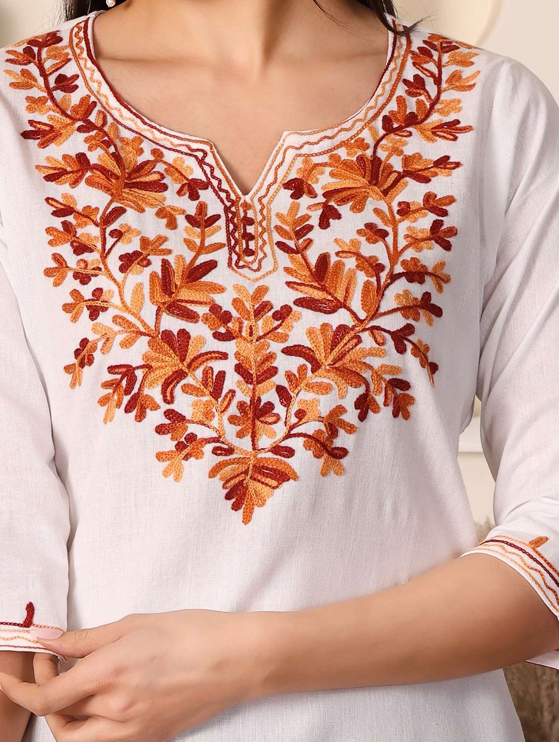 women solid with work three quarter sleeve straight kurti - 22385296 -  Standard Image - 1