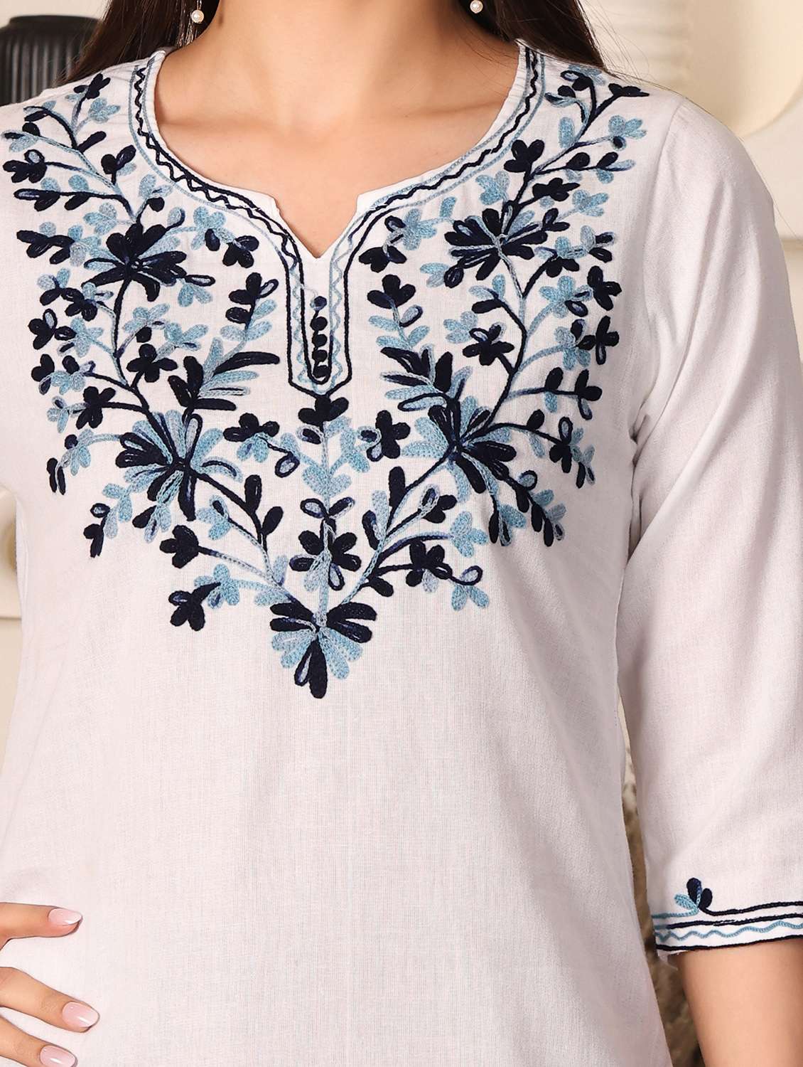 women solid with work three quarter sleeve straight kurti - 22385297 -  Standard Image - 1