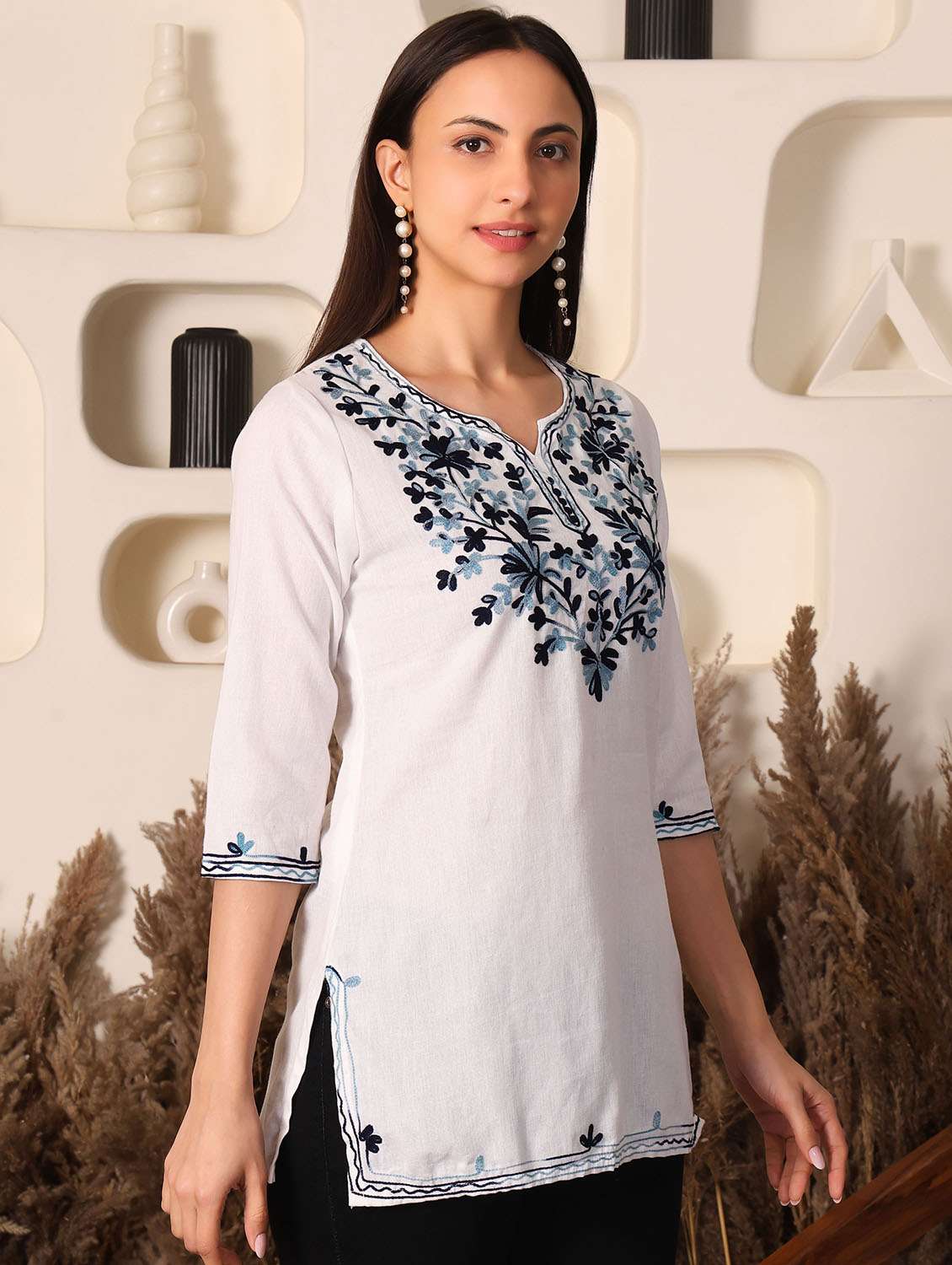women solid with work three quarter sleeve straight kurti - 22385297 -  Standard Image - 4