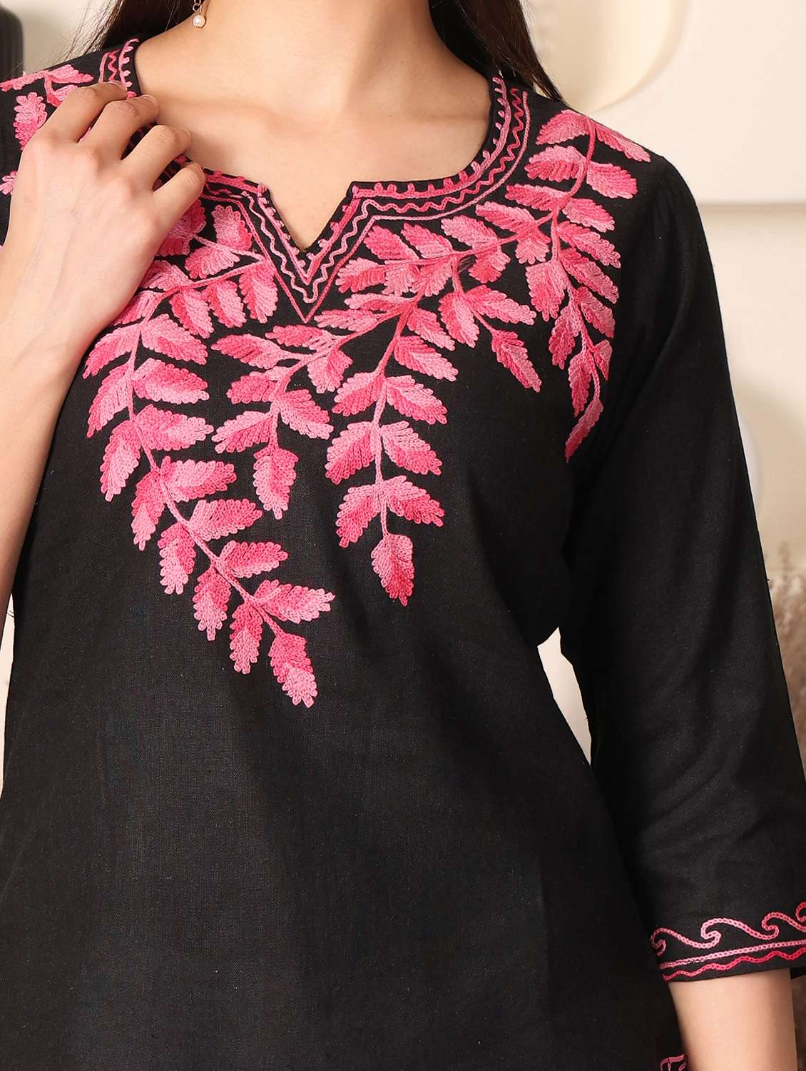 women solid with work three quarter sleeve straight kurti - 22385299 -  Standard Image - 1