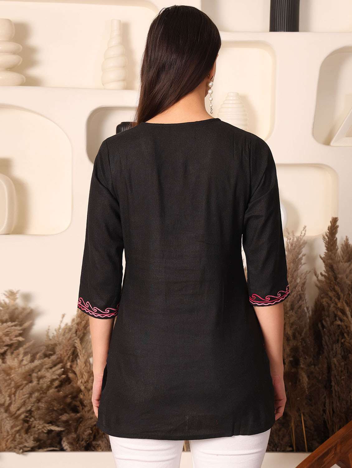 women solid with work three quarter sleeve straight kurti - 22385299 -  Standard Image - 4