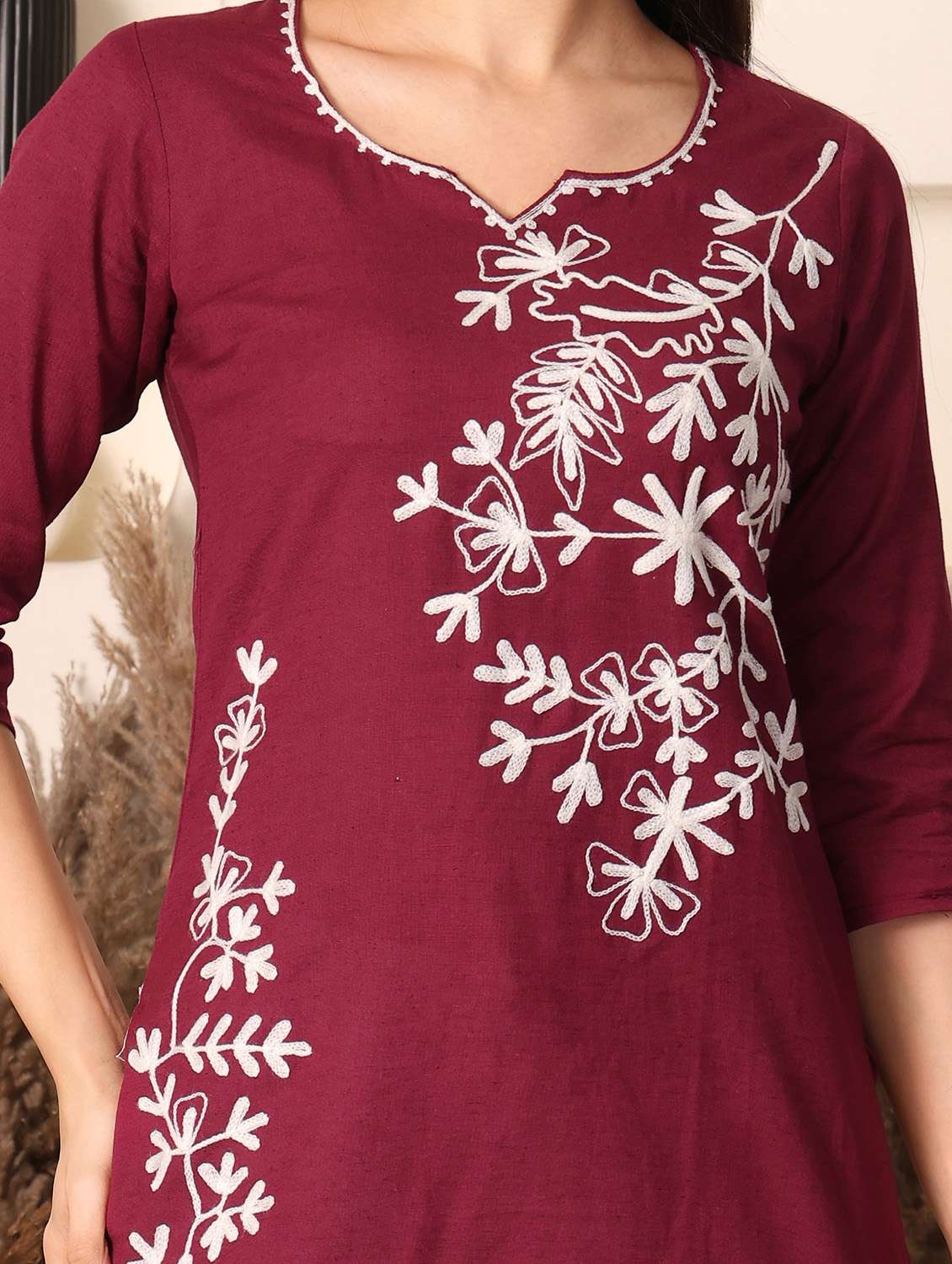 women solid with work notch neck straight kurti - 22385301 -  Standard Image - 1