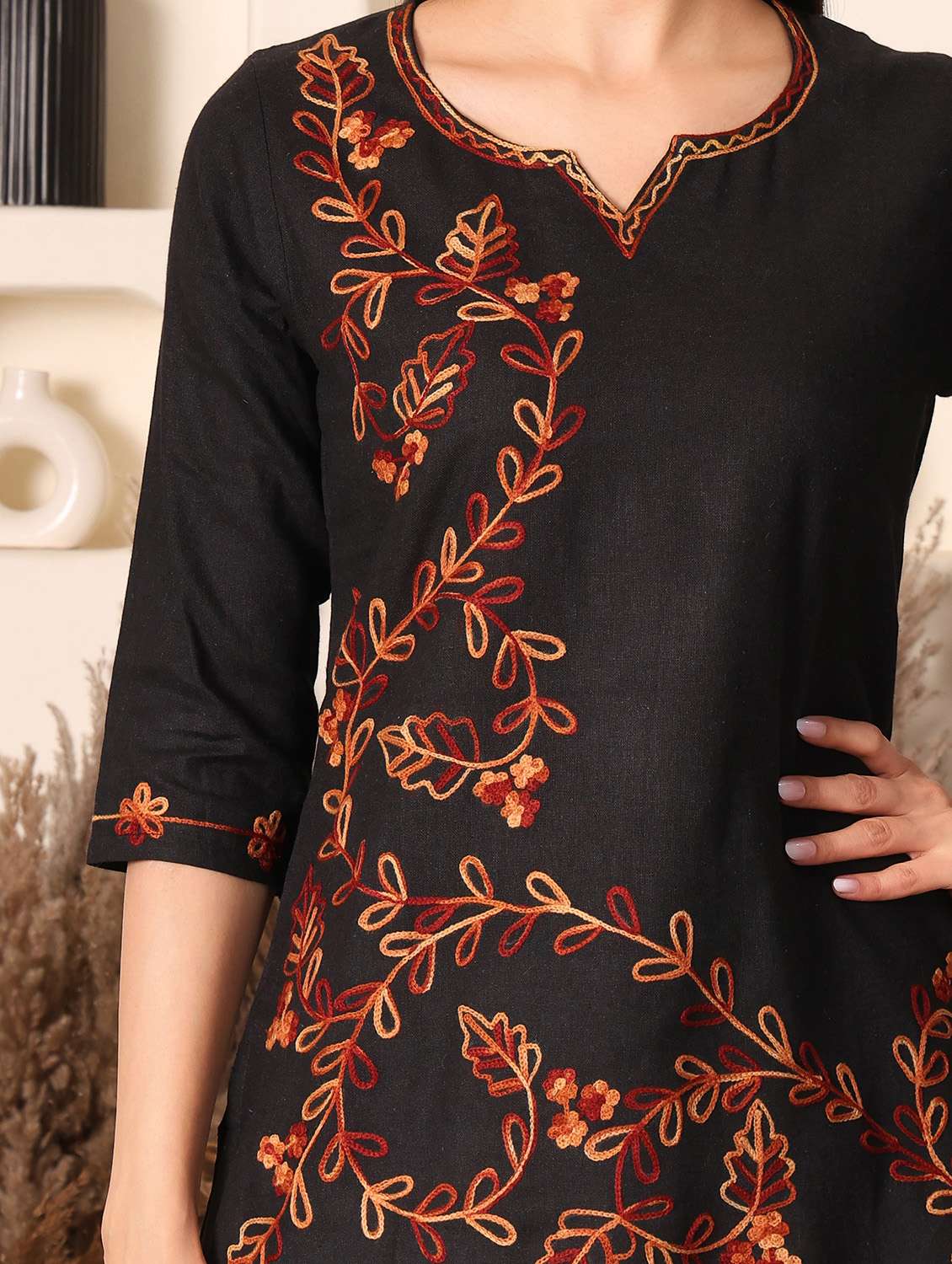 women solid with work notch neck straight kurti - 22385302 -  Standard Image - 1