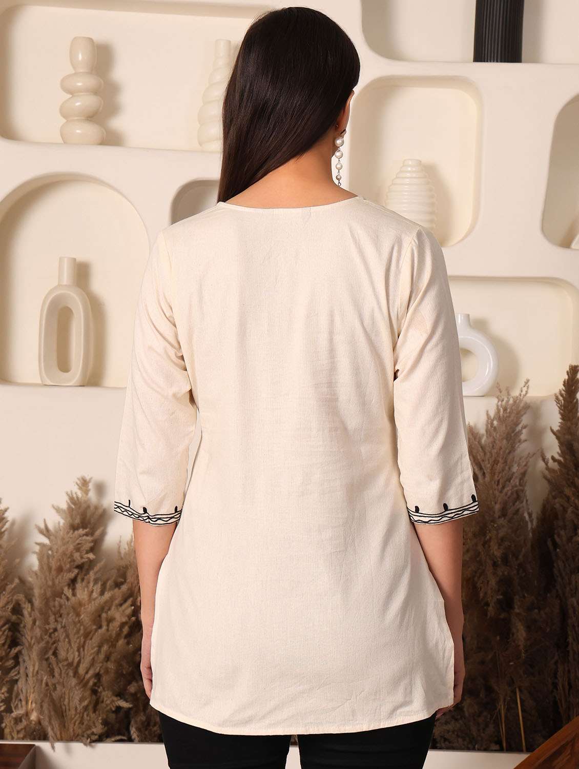 women solid with work notch neck straight kurti - 22385307 -  Standard Image - 4