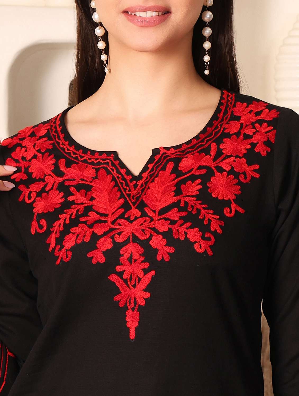 women solid with work notch neck straight kurti - 22385308 -  Standard Image - 1