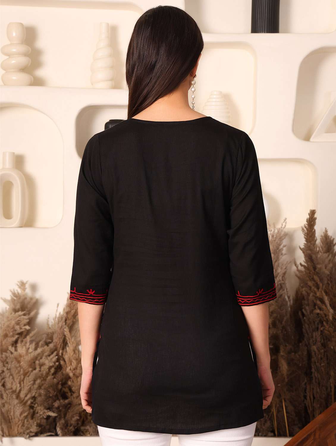 women solid with work notch neck straight kurti - 22385308 -  Standard Image - 4