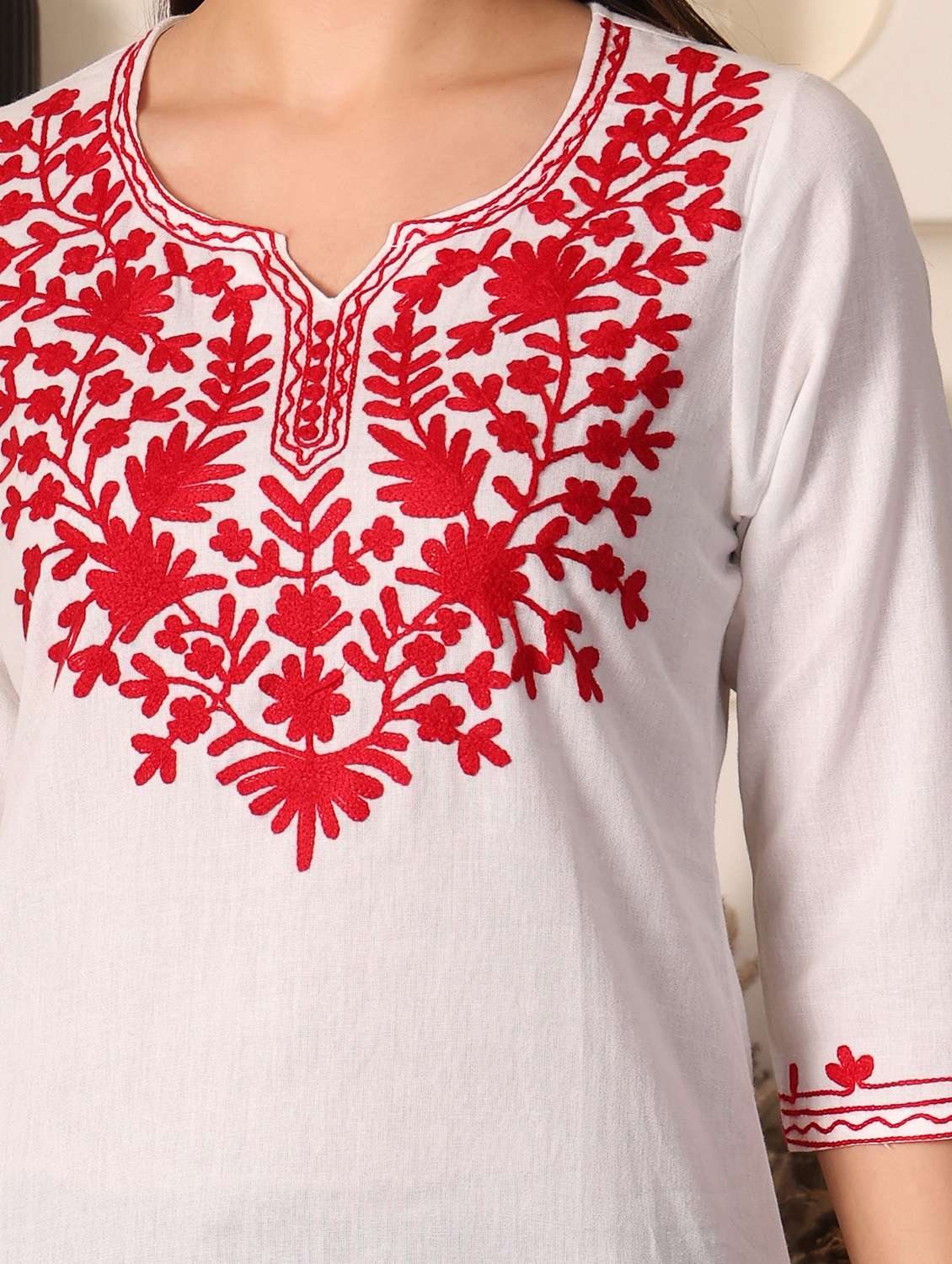 women solid with work notch neck straight kurti - 22385309 -  Standard Image - 1