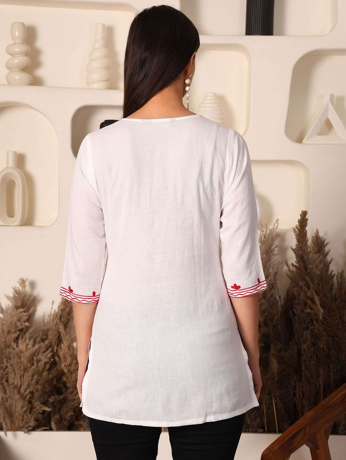 women solid with work notch neck straight kurti - 22385309 -  Standard Image - 4