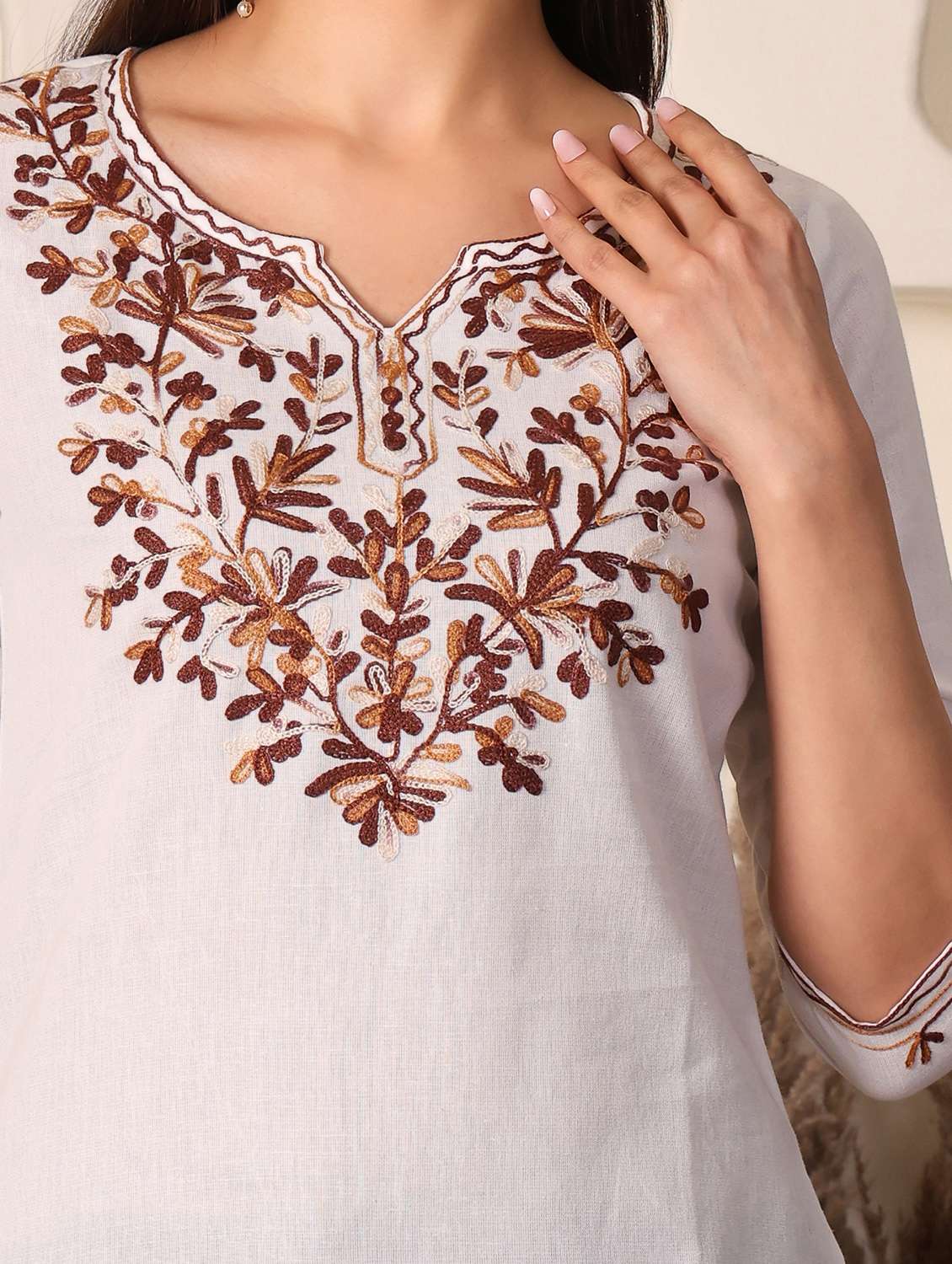 women solid with work notch neck straight kurti - 22385310 -  Standard Image - 1