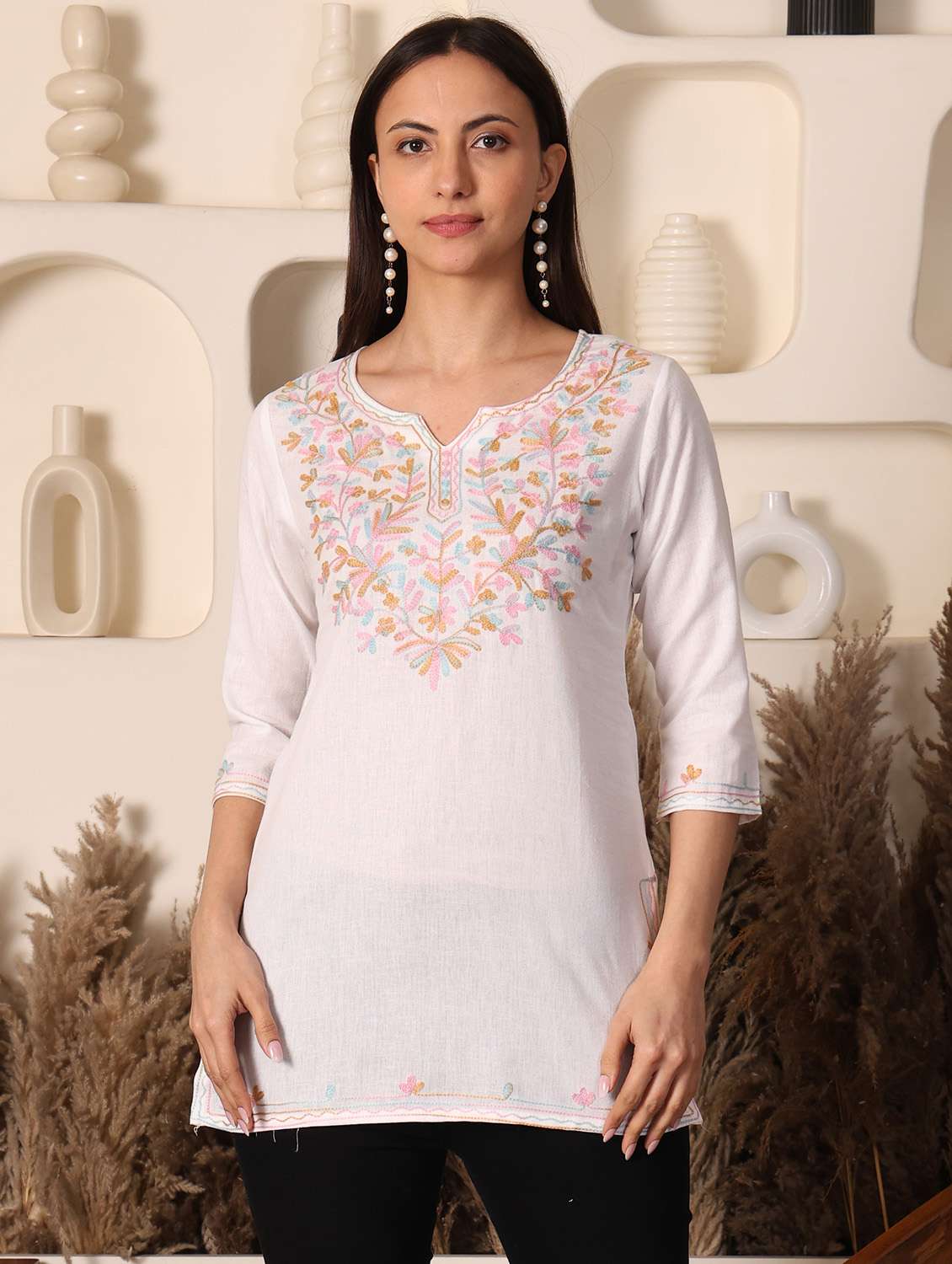 women solid with work notch neck straight kurti