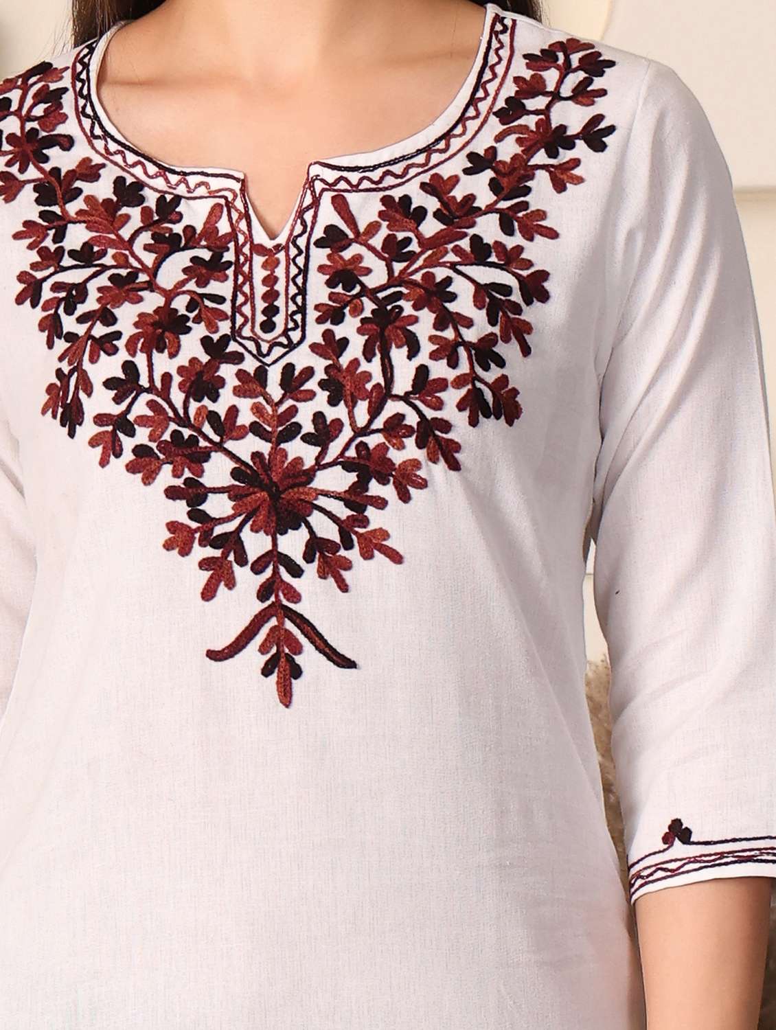 women solid with work notch neck straight kurti - 22385313 -  Standard Image - 1