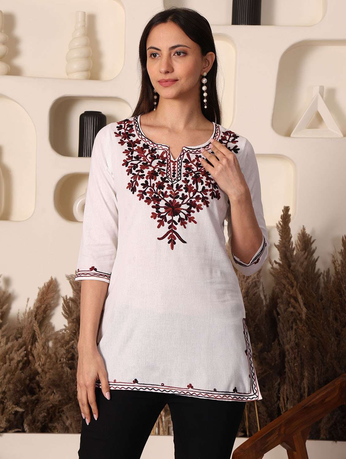 women solid with work notch neck straight kurti - 22385313 -  Standard Image - 4