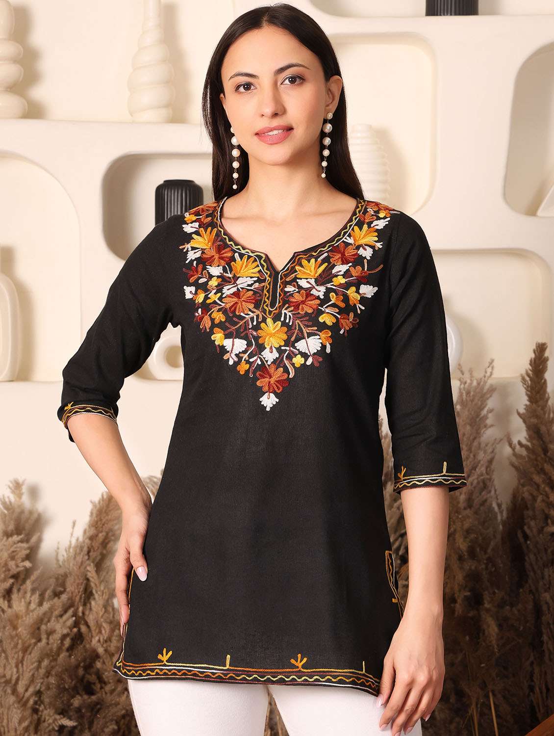 women solid with work notch neck straight kurti
