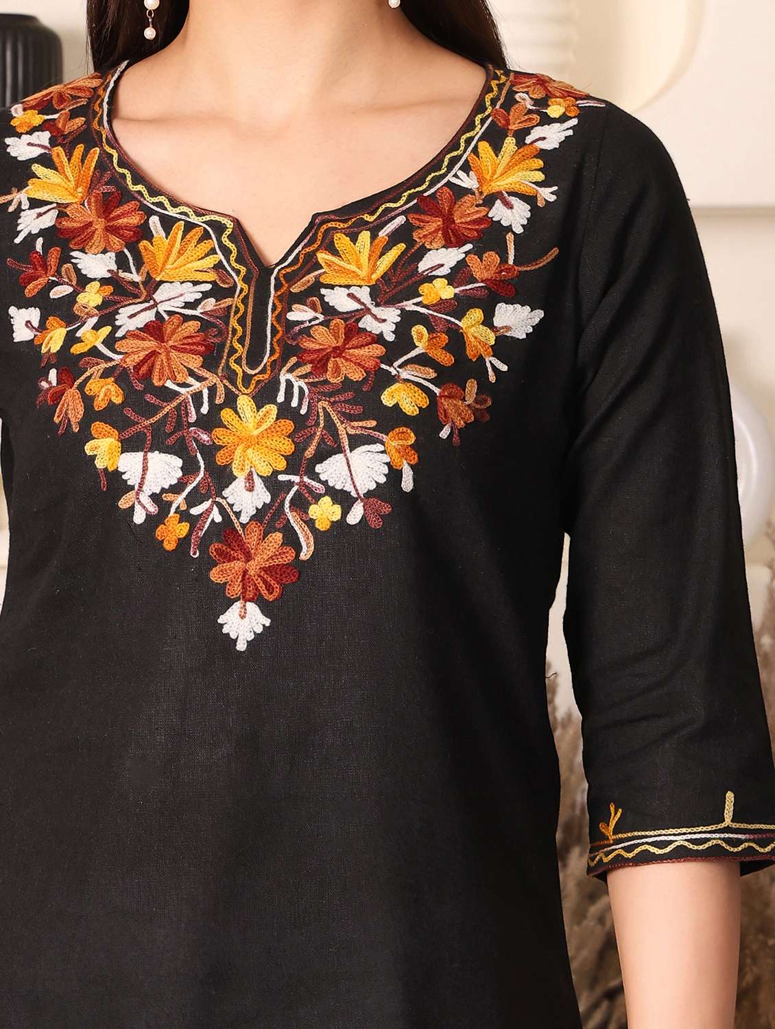 women solid with work notch neck straight kurti - 22385314 -  Standard Image - 1