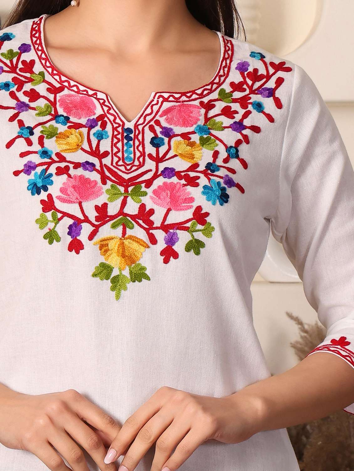 women solid with work notch neck straight kurti - 22385318 -  Standard Image - 1