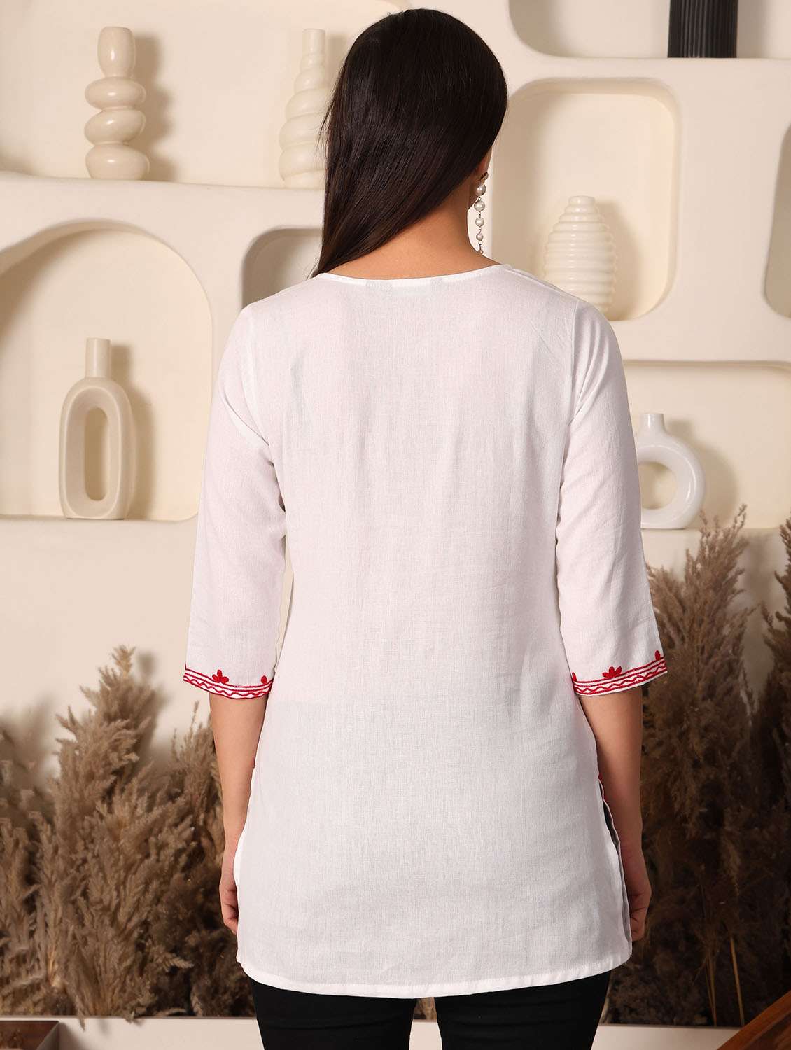 women solid with work notch neck straight kurti - 22385318 -  Standard Image - 4