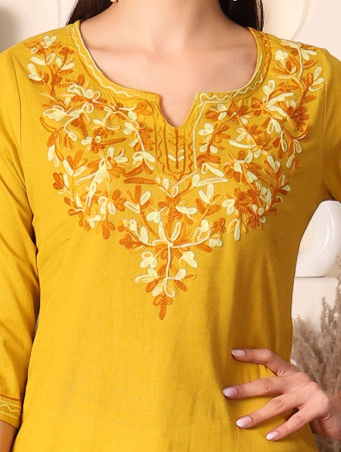 women solid with work notch neck straight kurti - 22385321 -  Standard Image - 1