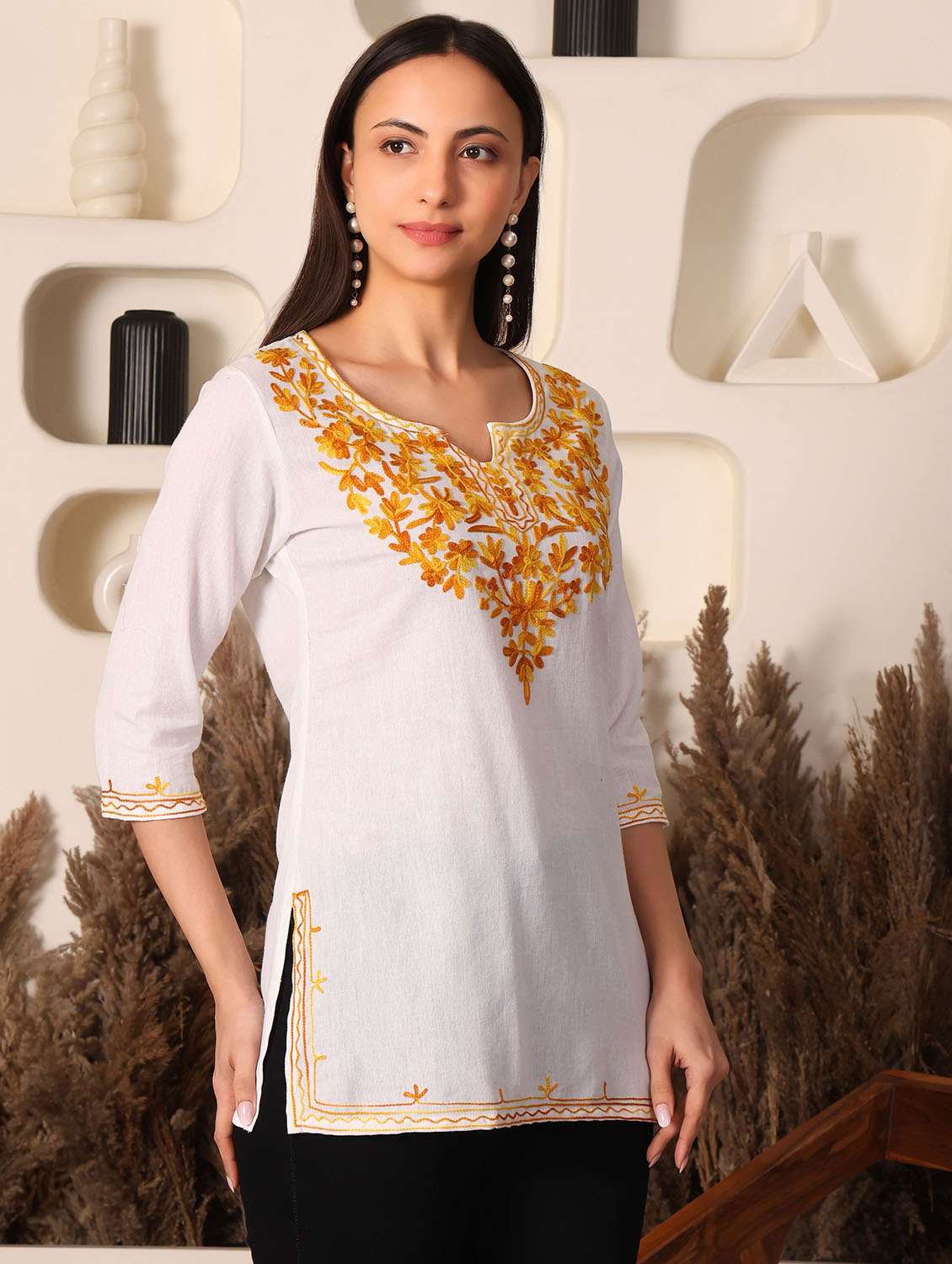 women solid with work notch neck straight kurti - 22385322 -  Standard Image - 4