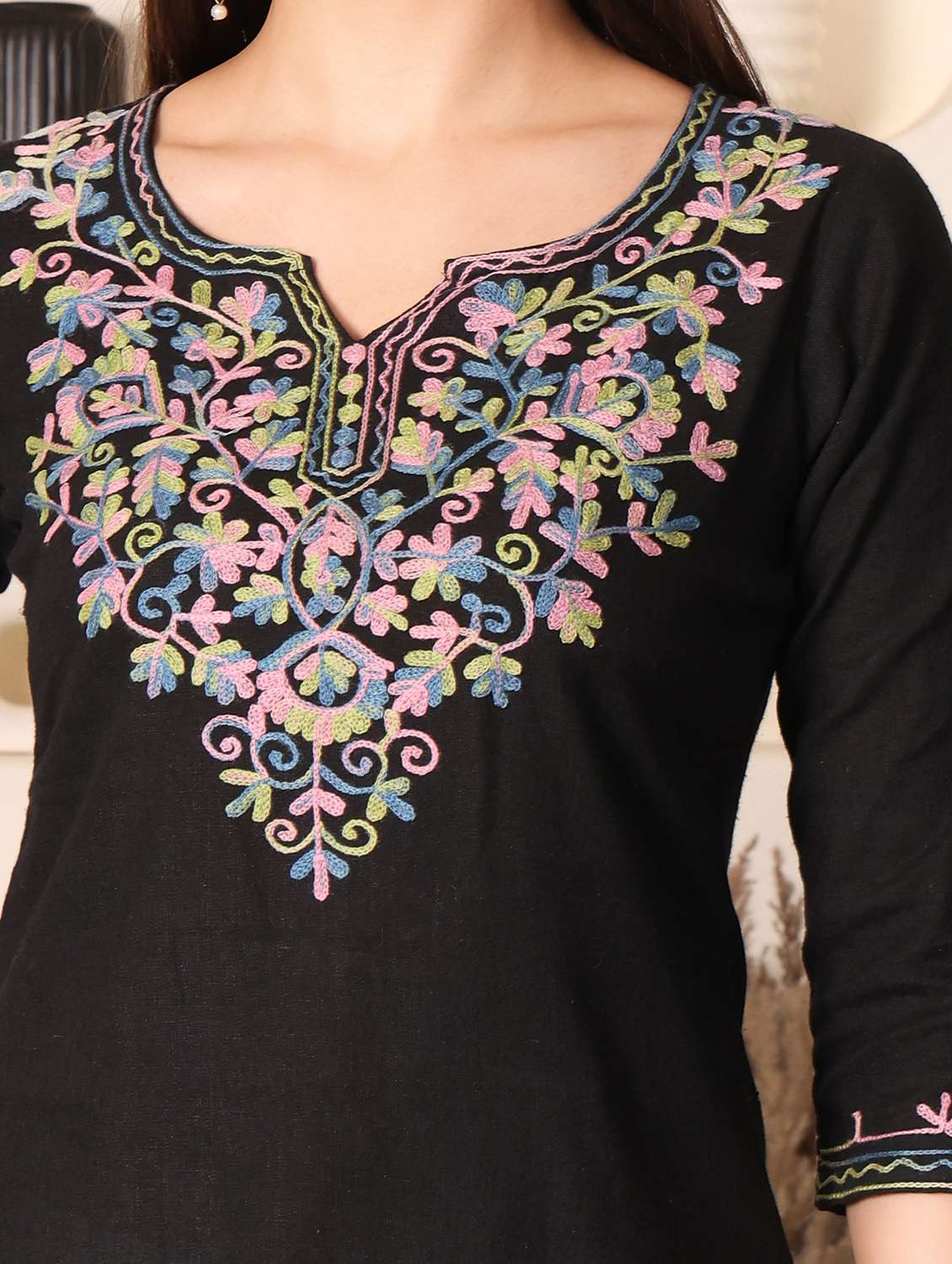 women solid with work notch neck straight kurti - 22385323 -  Standard Image - 1