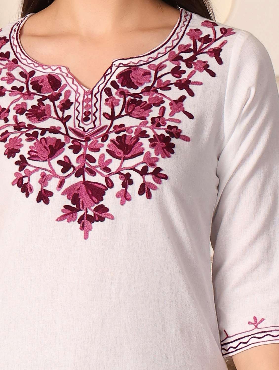women solid with work notch neck straight kurti - 22385324 -  Standard Image - 1