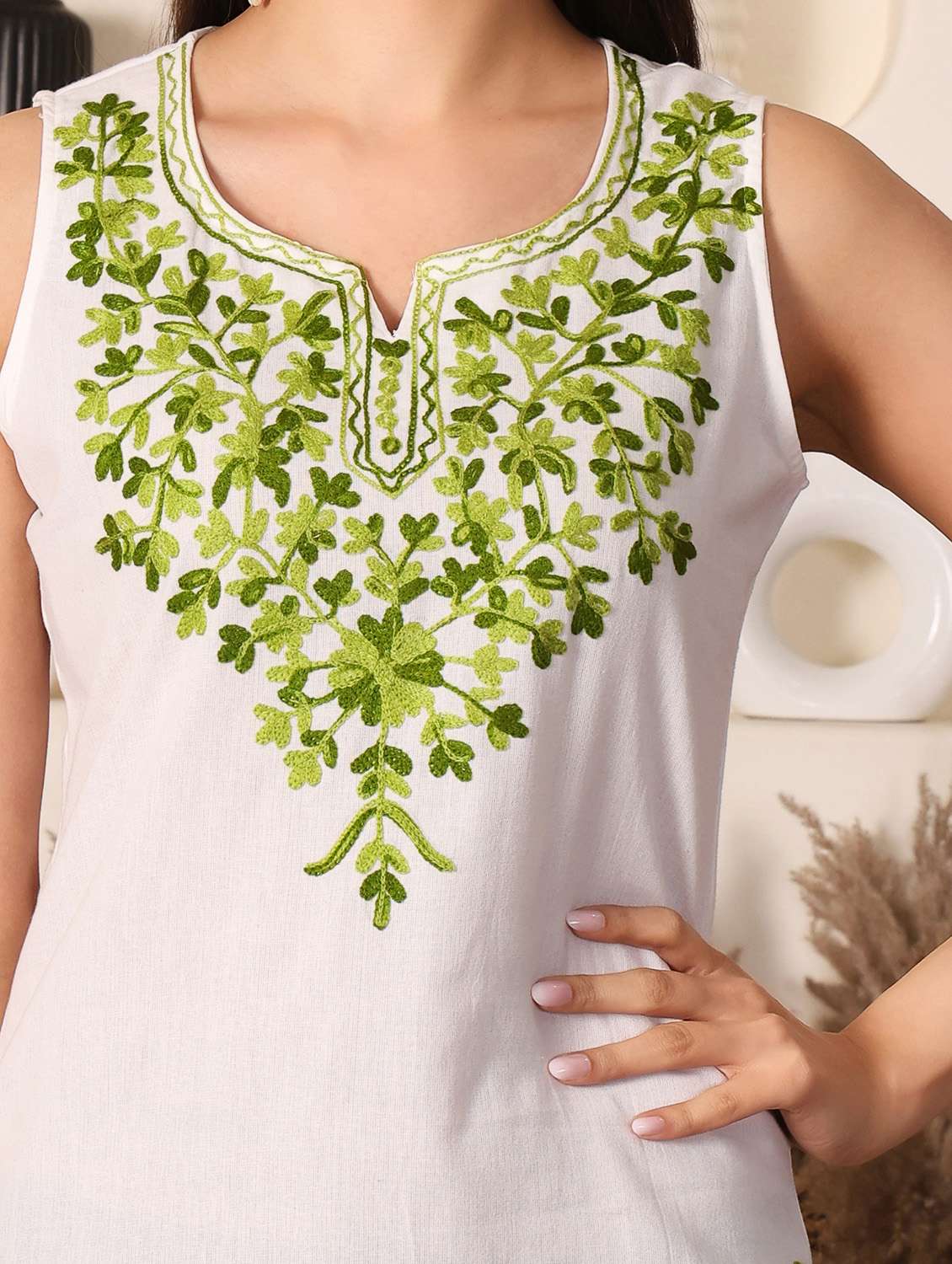 women solid with work notch neck straight kurti - 22385328 -  Standard Image - 1