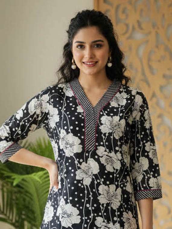 women printed three quarter sleeve kurta and pant set - 22385332 -  Standard Image - 1