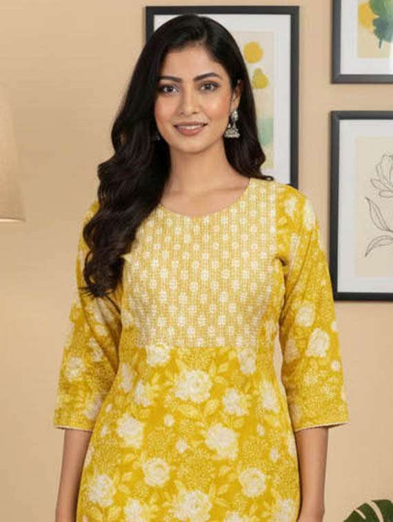 women printed three quarter sleeve kurta and pant set - 22385341 -  Standard Image - 1