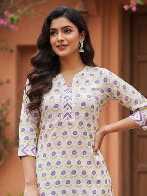 women printed three quarter sleeve kurta and pant set - 22385343 -  Standard Image - 1