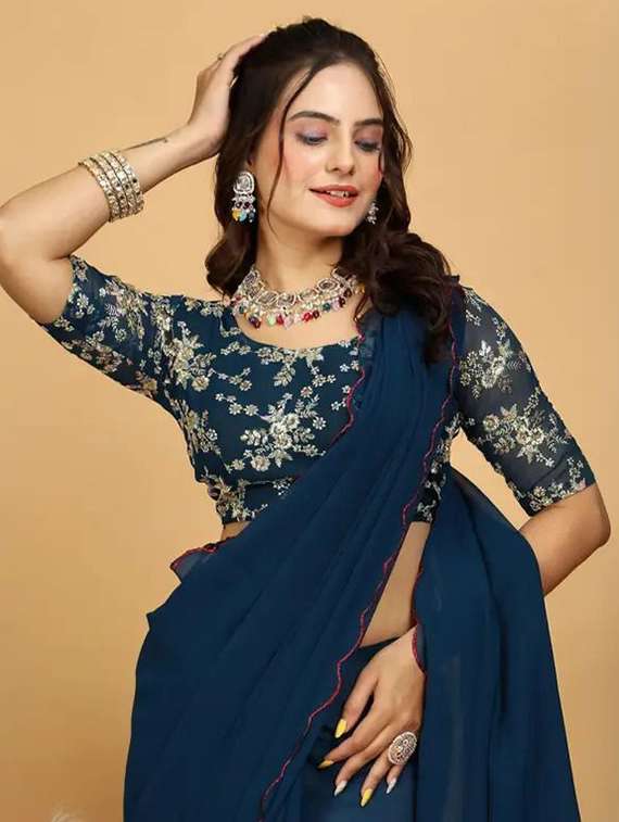 women solid plain saree with blouse - 22385357 -  Standard Image - 1