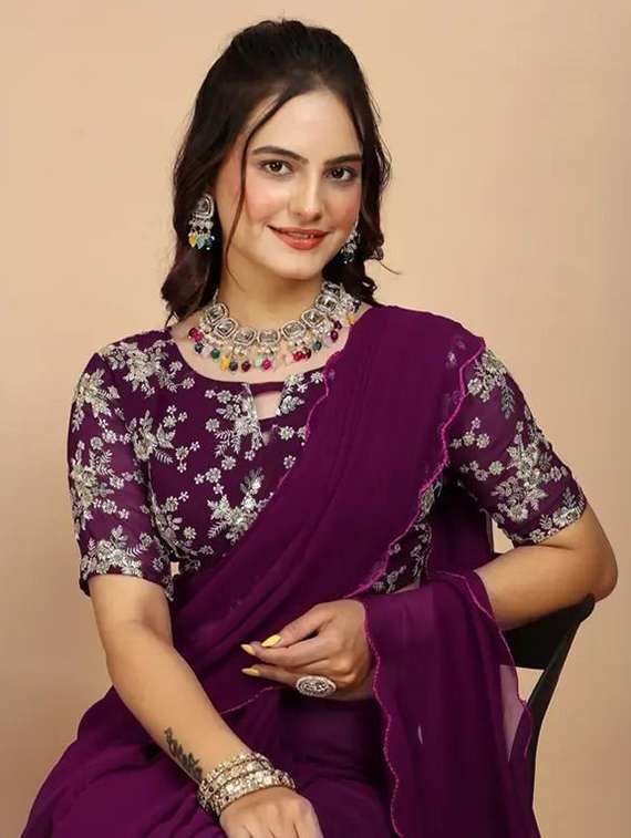 women solid plain saree with blouse - 22385395 -  Standard Image - 1