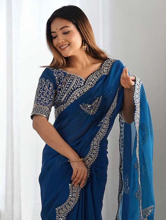 women solid with work embroidered saree with blouse - 22385435 -  Standard Image - 1
