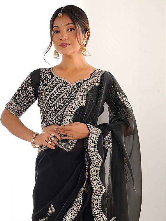 women solid with work embroidered saree with blouse - 22385441 -  Standard Image - 1