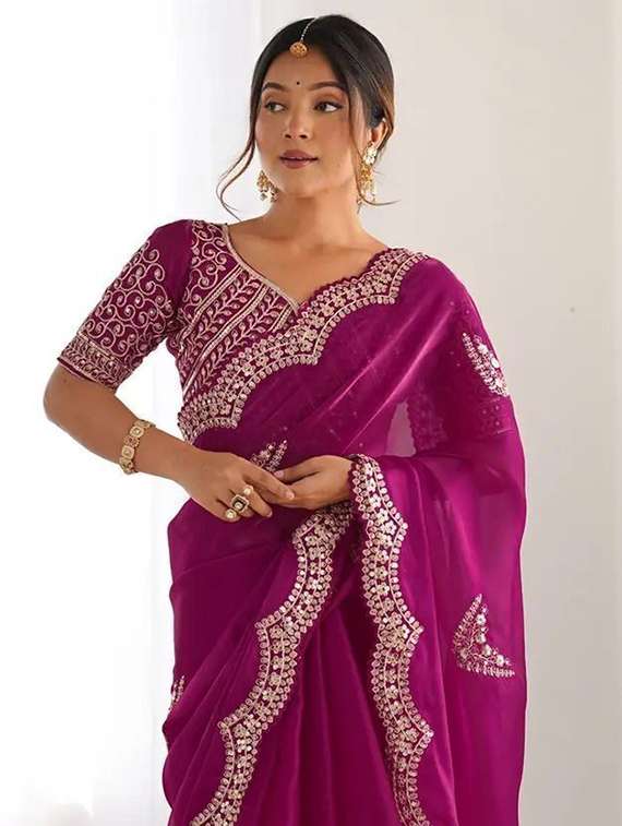 women solid with work embroidered saree with blouse - 22385444 -  Standard Image - 1
