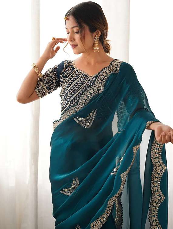 women solid with work embroidered saree with blouse - 22385447 -  Standard Image - 1