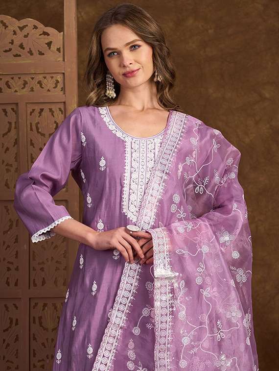 women solid with work three quarter sleeve kurta pant with dupatta set - 22385483 -  Standard Image - 1