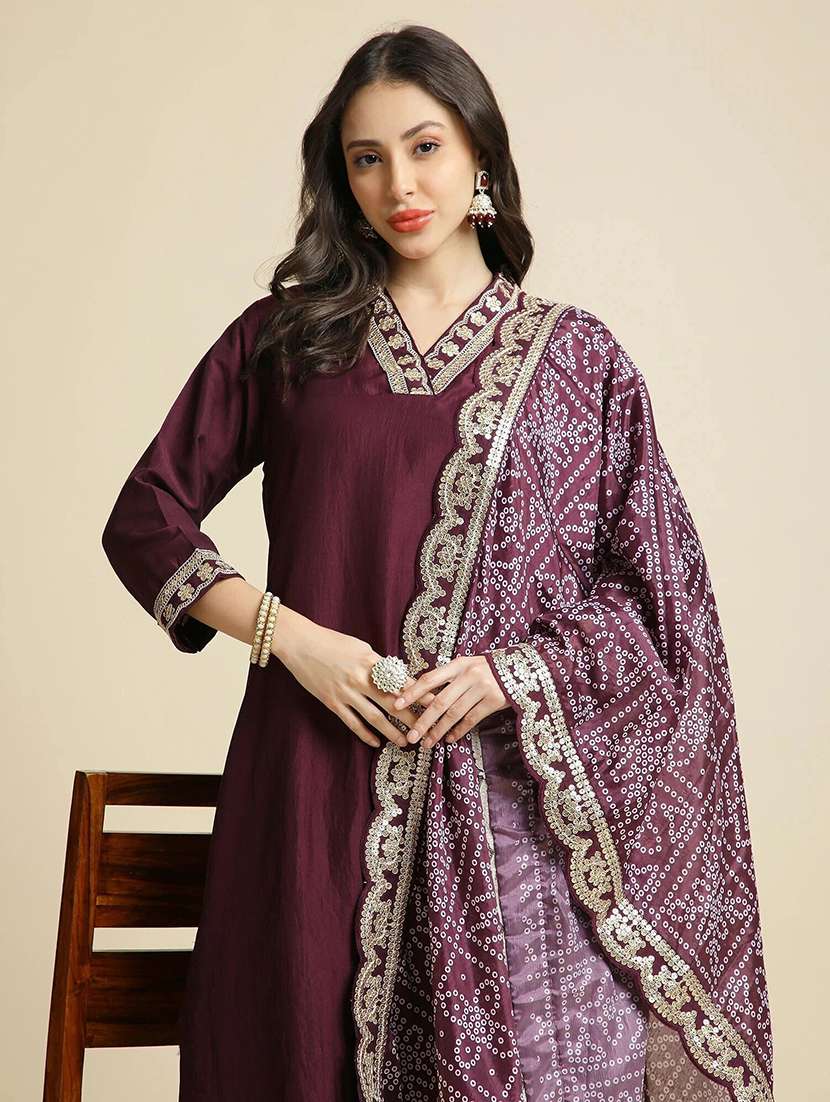 women solid three quarter sleeve kurta pant with dupatta set - 22385487 -  Standard Image - 1