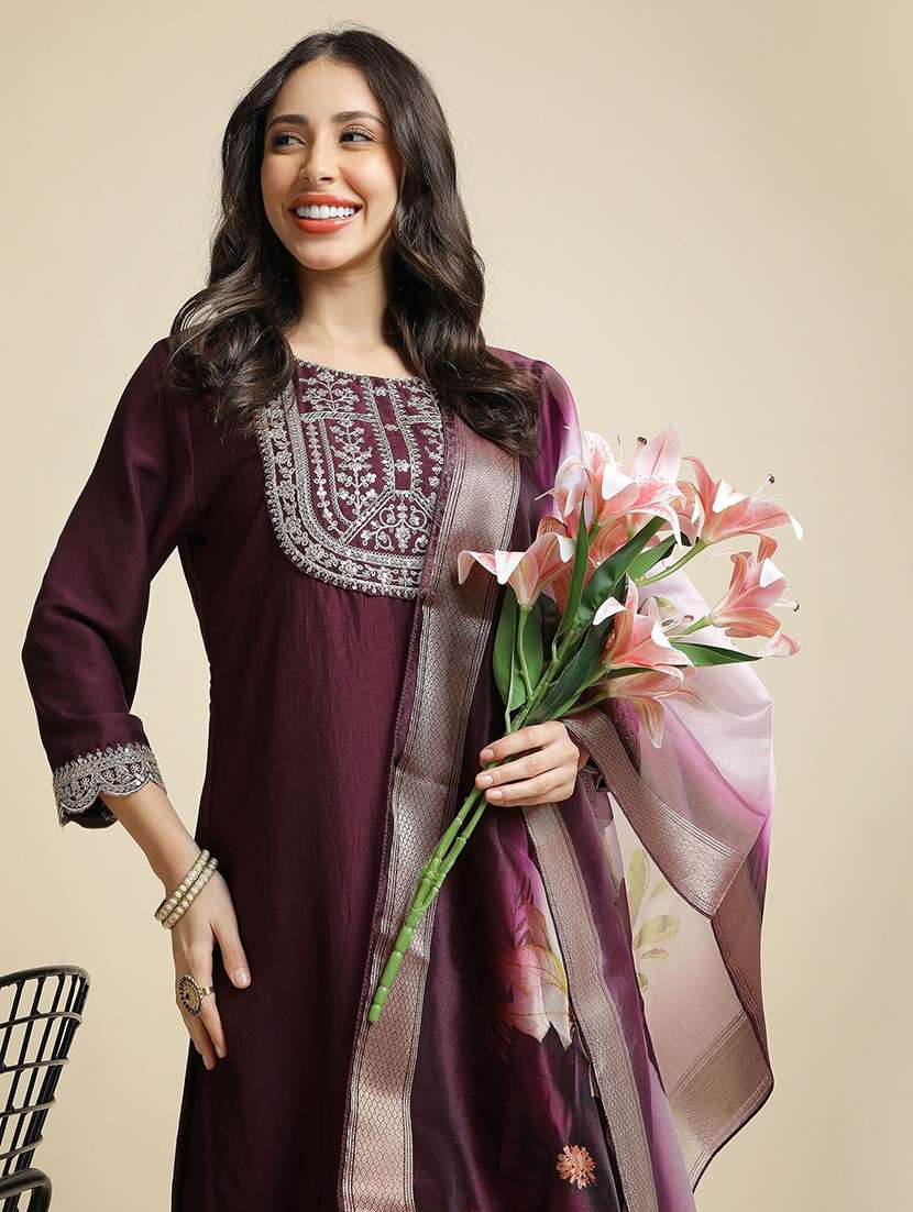 Women Solid With Work Three Quarter Sleeve Kurta Pant With Dupatta Set - 22385488 -  Standard Image - 1