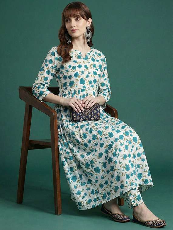 women printed three quarter sleeve kurta pant set - 22385541 -  Standard Image - 1