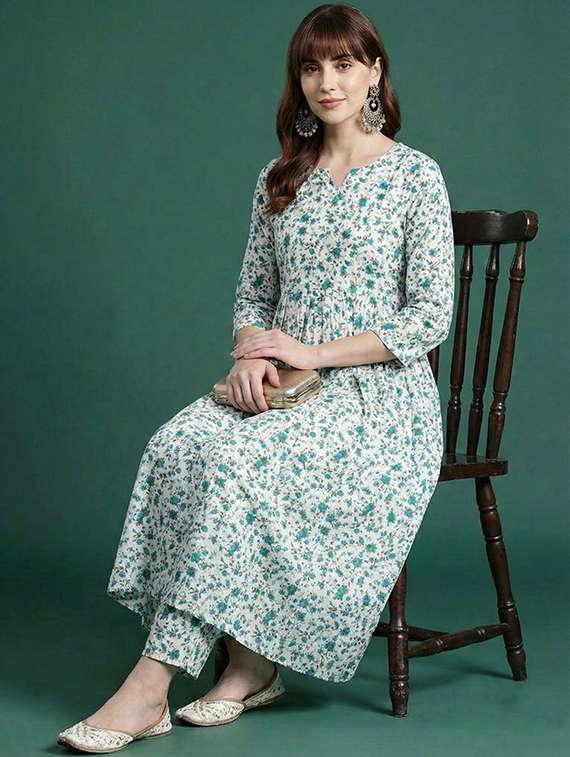 Women Printed Three Quarter Sleeve Kurta Pant Set - 22385543 -  Standard Image - 1
