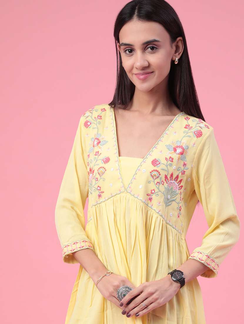 yellow cotton flared kurti - 22385887 -  Standard Image - 1