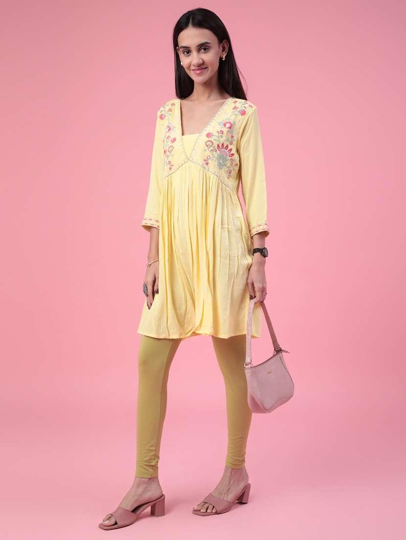 yellow cotton flared kurti - 22385887 -  Standard Image - 4