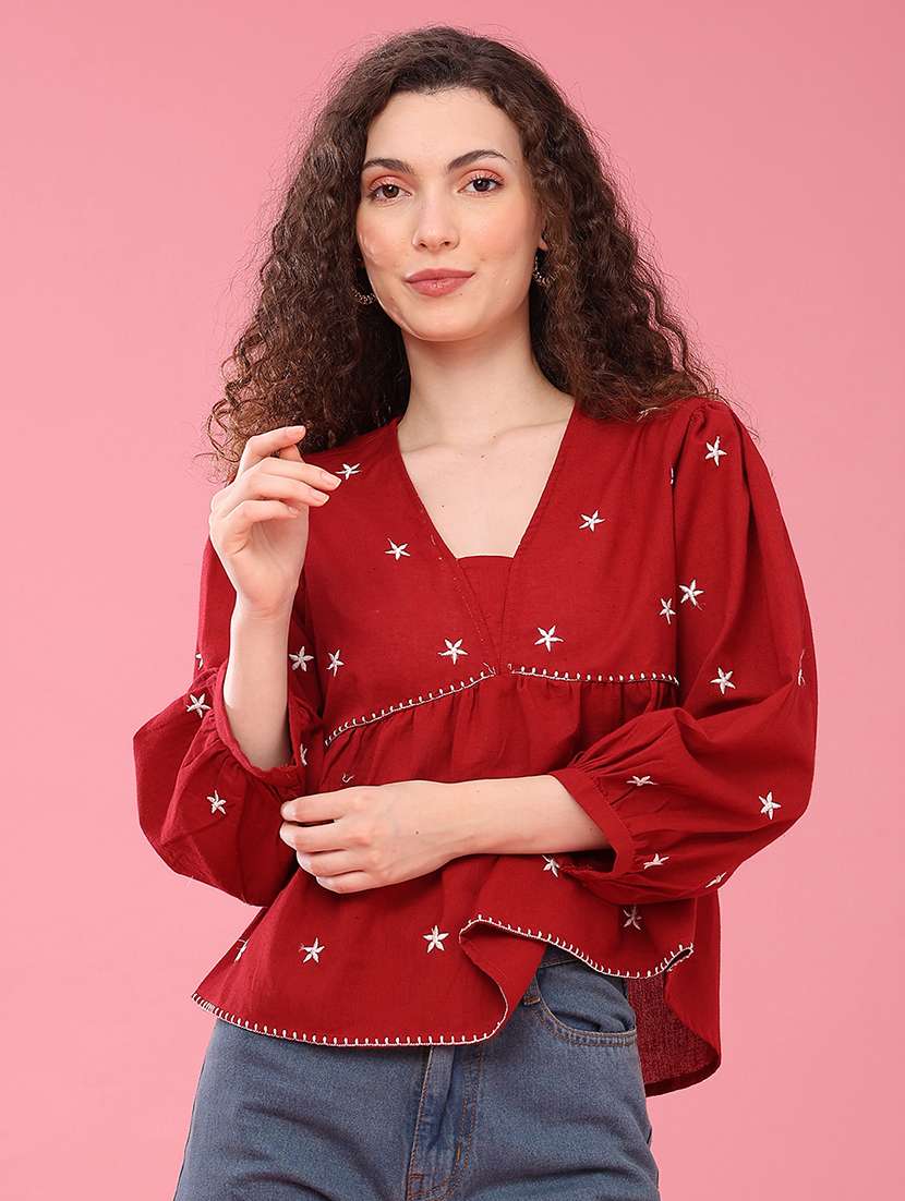 women embroidered three quarter sleeves a-line top