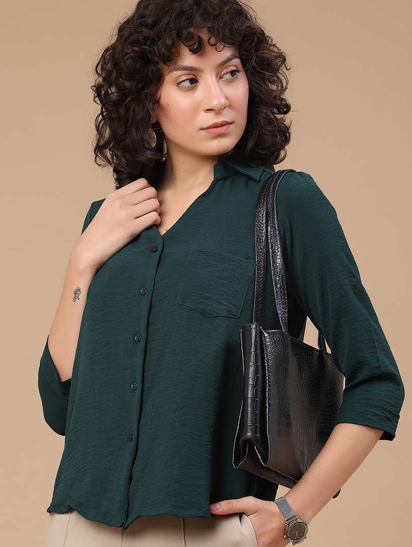women solid collared regular shirt