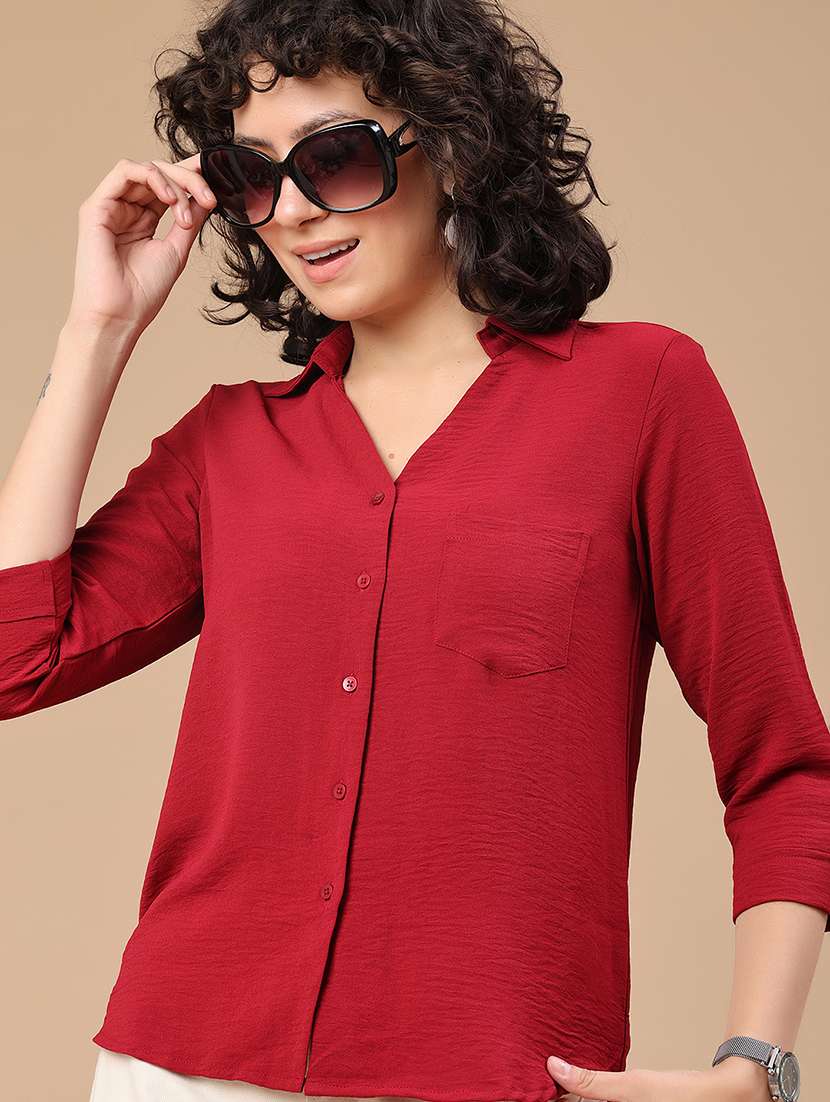 women solid collared regular shirt