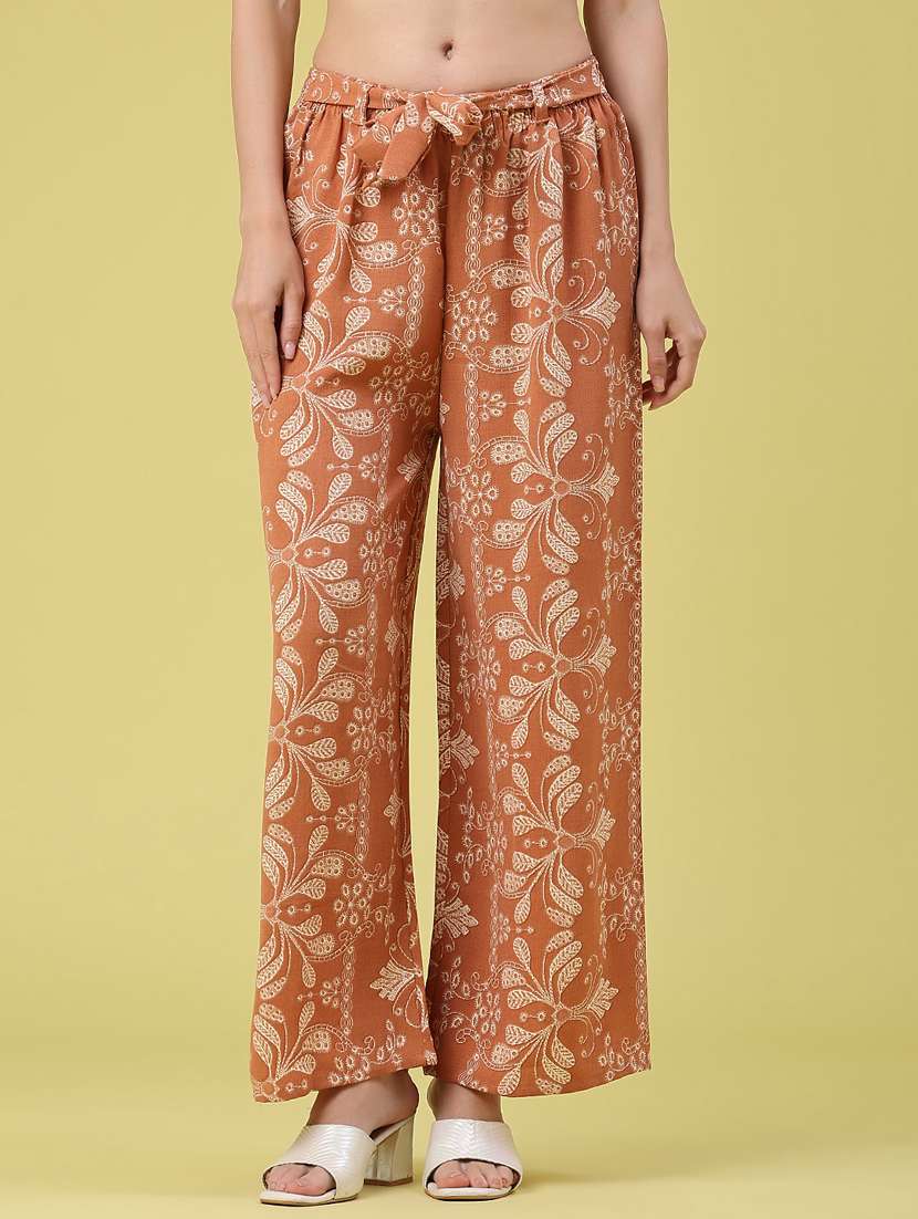 women embroidered mid rise wide leg trouser