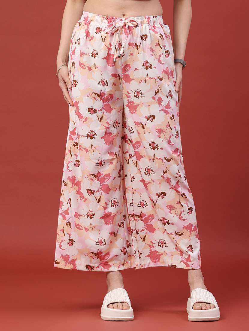 women printed mid rise wide leg trouser