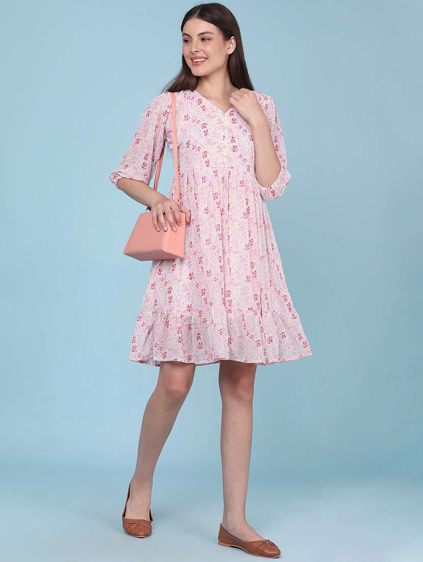 women printed v neck fit and flare dress