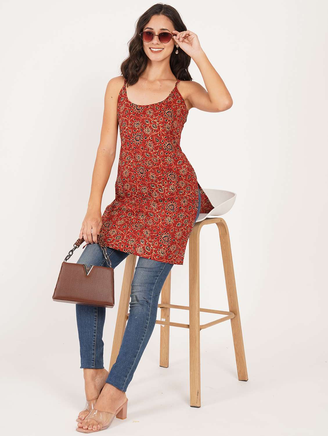 women printed shoulder strap straight kurti - 22386965 -  Standard Image - 4