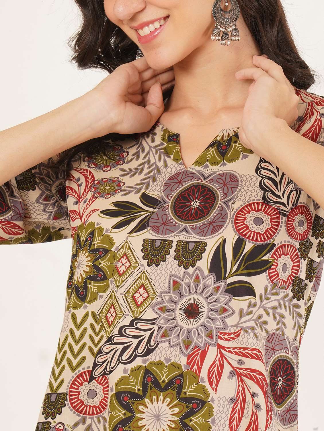 women floral printed three quarter sleeve straight kurti - 22386996 -  Standard Image - 1